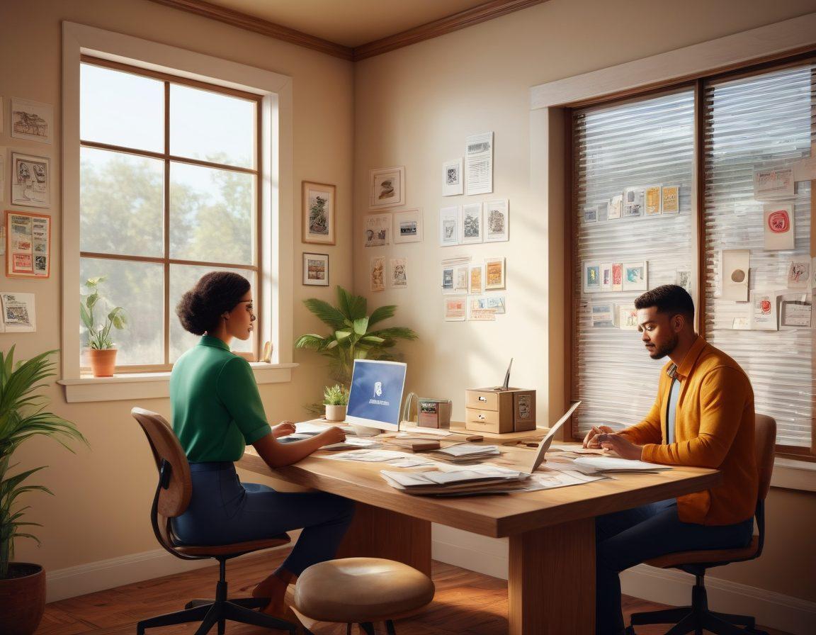 A serene home office scene depicting a diverse group of professionals working remotely, surrounded by postal-inspired decor such as stamps and mail icons. They are engaging in video calls on their laptops, with bright natural light streaming through a window. Include a sense of satisfaction on their faces, showcasing the balance of work and comfort. super-realistic. vibrant colors. 3D.