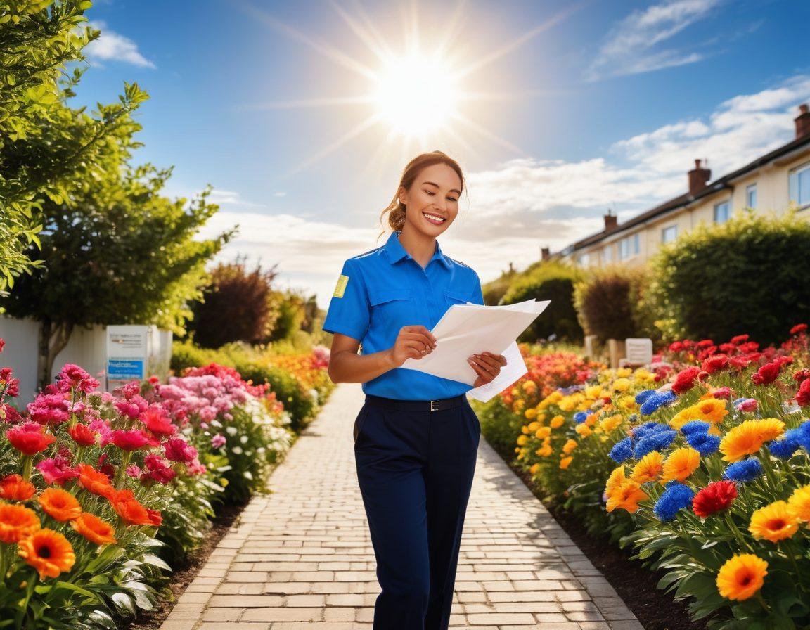 A joyful postal worker holding an envelope, standing on a pathway lined with vibrant flowers and motivational signs symbolizing career advancement like 'Next Step', 'Achieve Your Dreams', and 'Reach for the Stars'. In the background, a bright sun illuminates a blue sky, representing hope and positivity. The image encapsulates the theme of happiness and professional growth in the postal services sector. super-realistic. vibrant colors. white background.